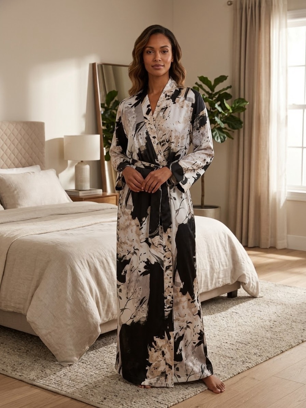 Natori Size L New With Tags Long Floral Satin Robe - Black & Cream